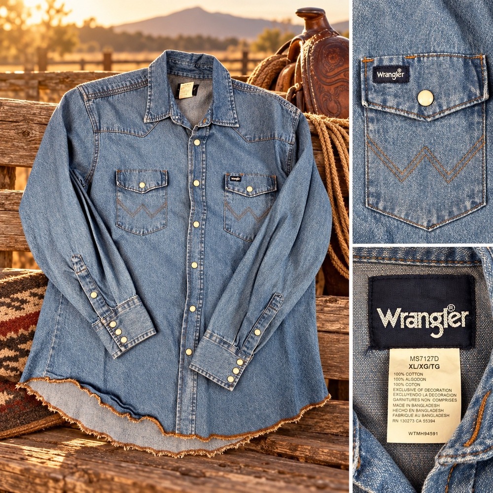 Wrangler Cowboy Cut Denim Western Shirt Blue Pearl Snap XL MS7127D